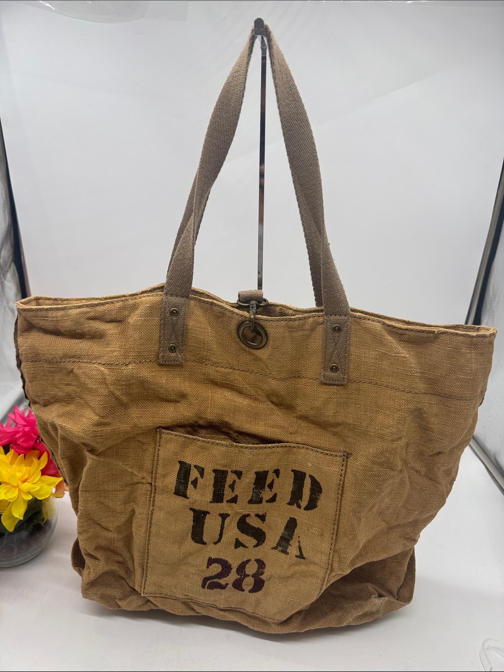 Canvas Tote Bag in Brown with 'FEED USA 28' Print